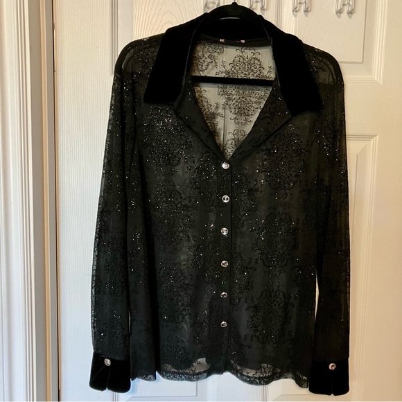 Black sheer blouse with velvet collar, rhinestone buttons, glittery designs - Picture 1 of 6